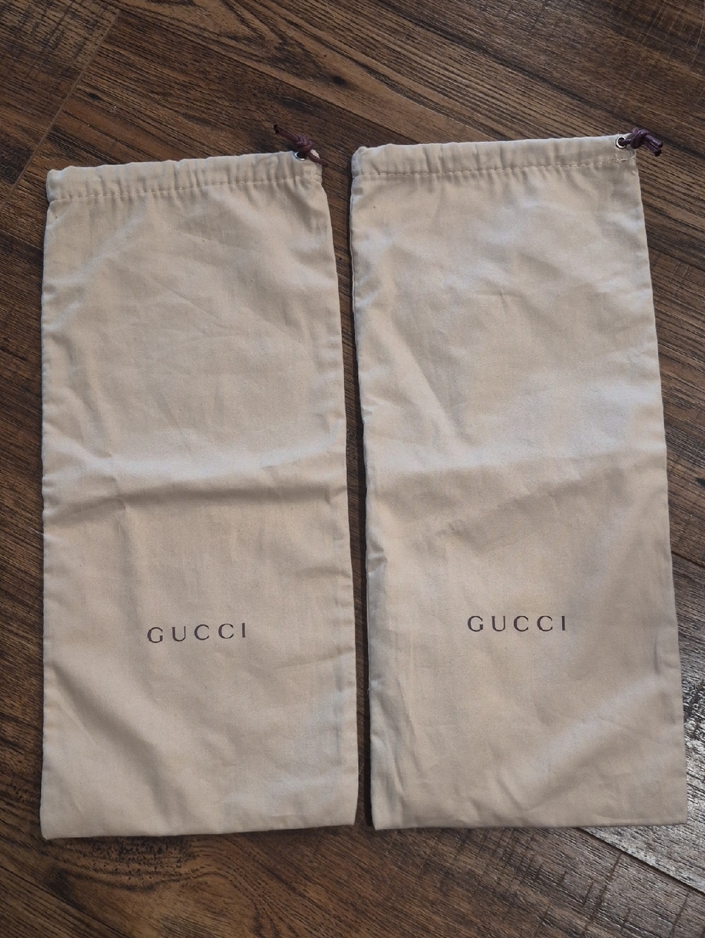 Gucci Beige Drawstring Dust Bags with Brown Logo (Pair)
